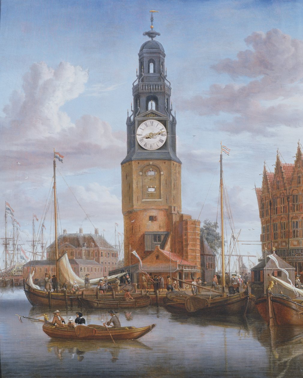 Veduta della Torre Haringspacker ad Amsterdam, con un orologio funzionante inserito nel dipinto, 1684 da Abraham Storck