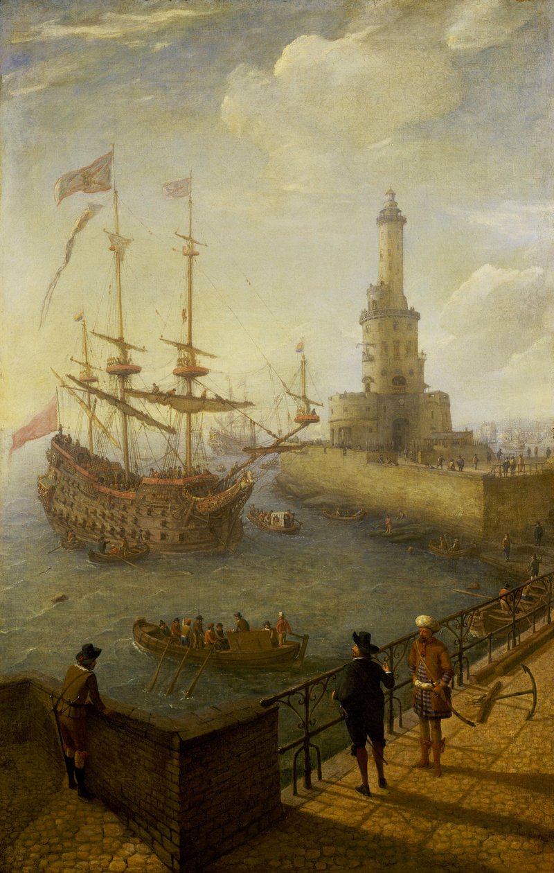 Una nave spagnola a tre alberi ancorata al largo della costa di Napoli (Italia), vista da un molo lastricato della città, verso il faro e gli edifici del porto mediterraneo da Abraham Willaerts