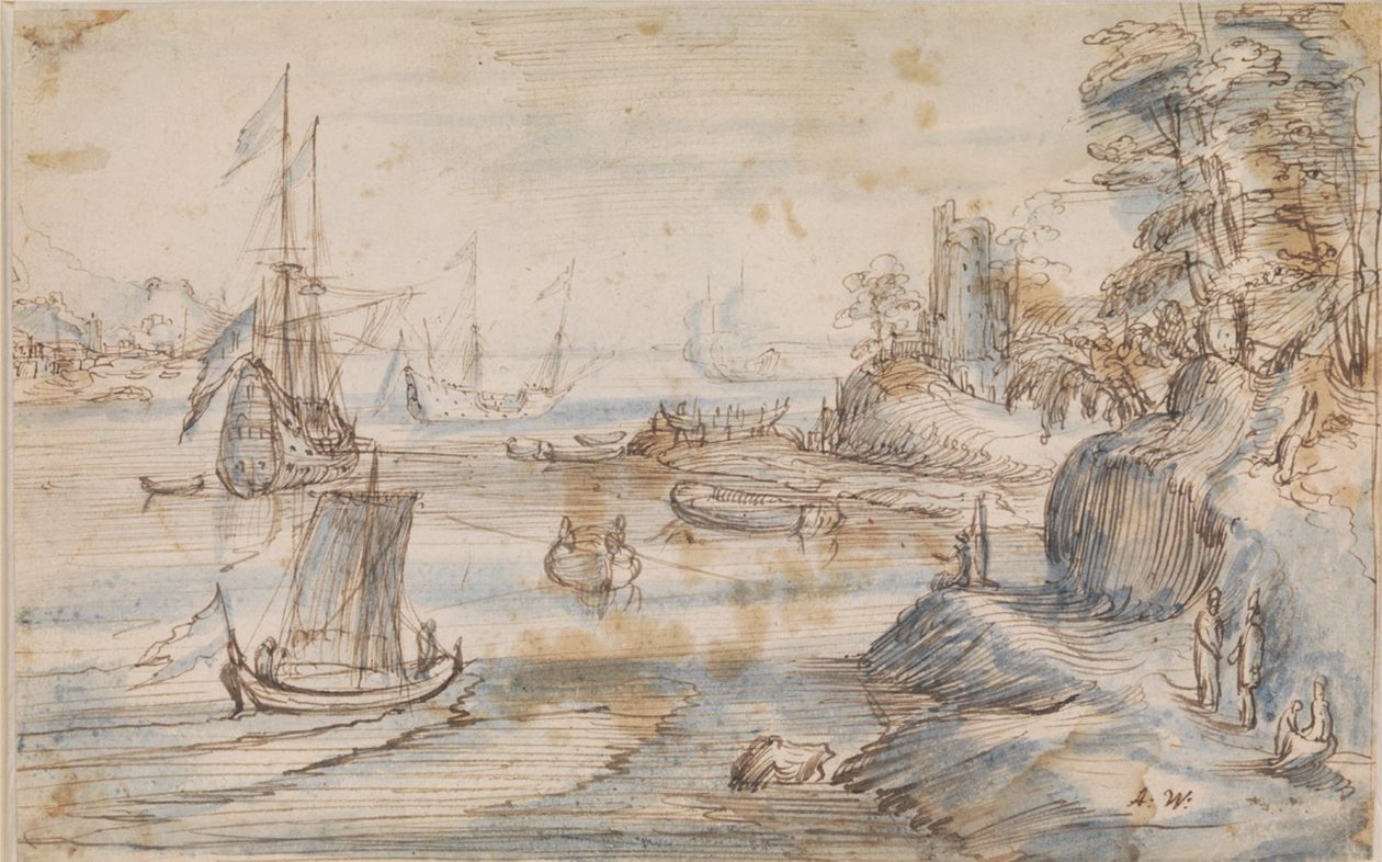Paesaggio costiero con diverse navi, una costa alta con diverse figure da Abraham Willaerts