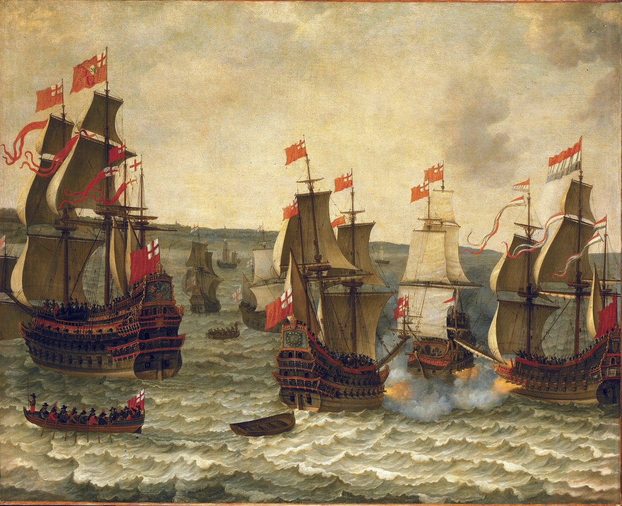 Battaglia navale tra navi olandesi e britanniche, episodio della Prima Guerra Anglo-Olandese (1652-1654). Olio su legno di Abraham Willaerts (1603-1669). da Abraham Willaerts