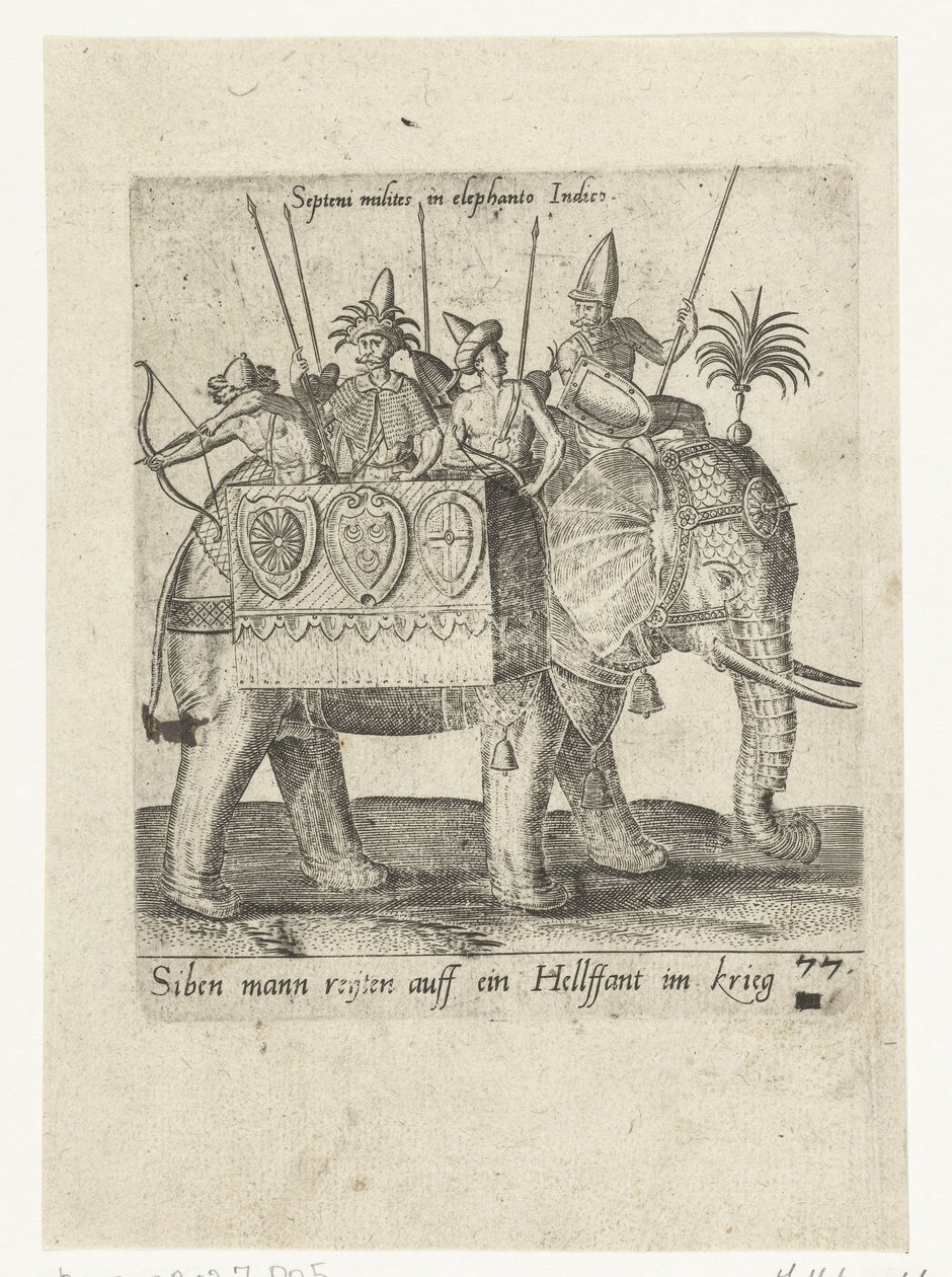 Indiani su un elefante da guerra da Abraham de Bruyn (attributed to)