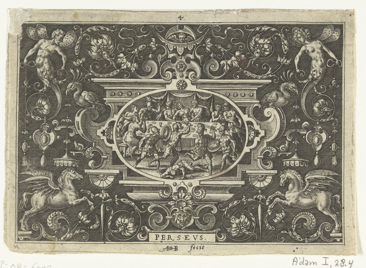 Cartouche: Fineo interrompe il matrimonio di Perseo e Andromeda da Abraham de Bruyn