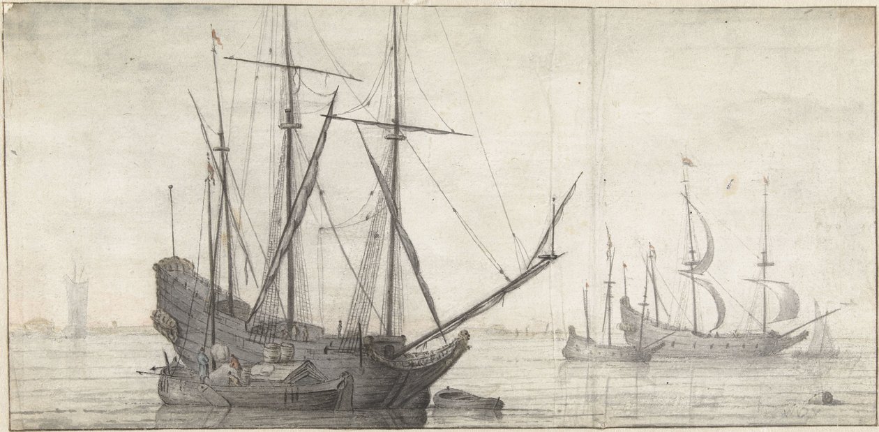 Barche a vela su acqua calma vicino alla costa da Abraham de Verwer (possibly)