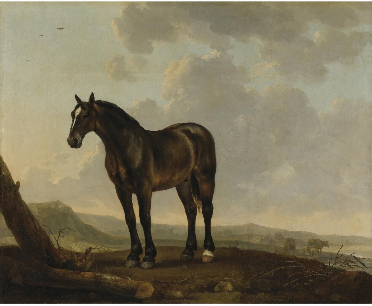 Ritratto di un cavallo marrone in un paesaggio da Abraham van Calraet