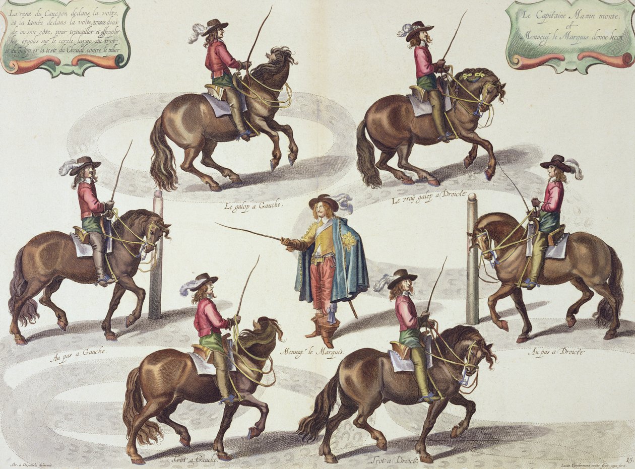 Il Marchese di Newcastle che dà una lezione di equitazione al Capitano Mazin, tavola 15 da Il Metodo e la Nuova Invenzione di Addestrare i Cavalli di William Cavendish, inciso da Lucas Vo da Abraham van Diepenbeeck