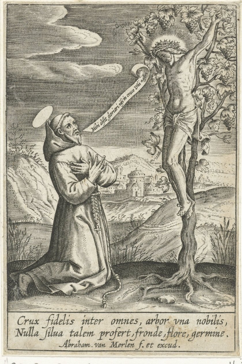 Santo inginocchiato davanti a Cristo sulla croce da Abraham van Merlen