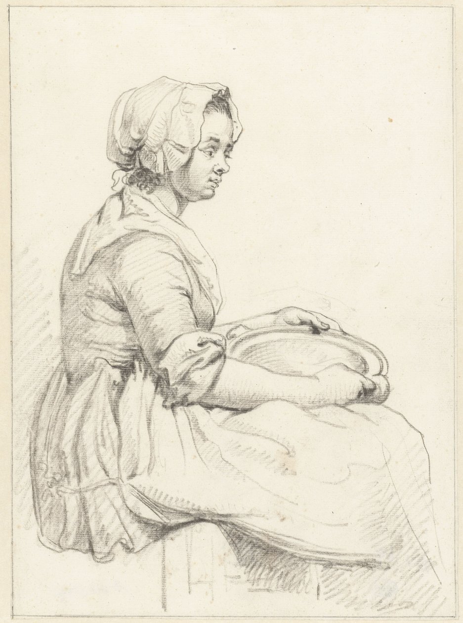 Donna seduta con un piatto in grembo, verso destra da Abraham van Strij (I)