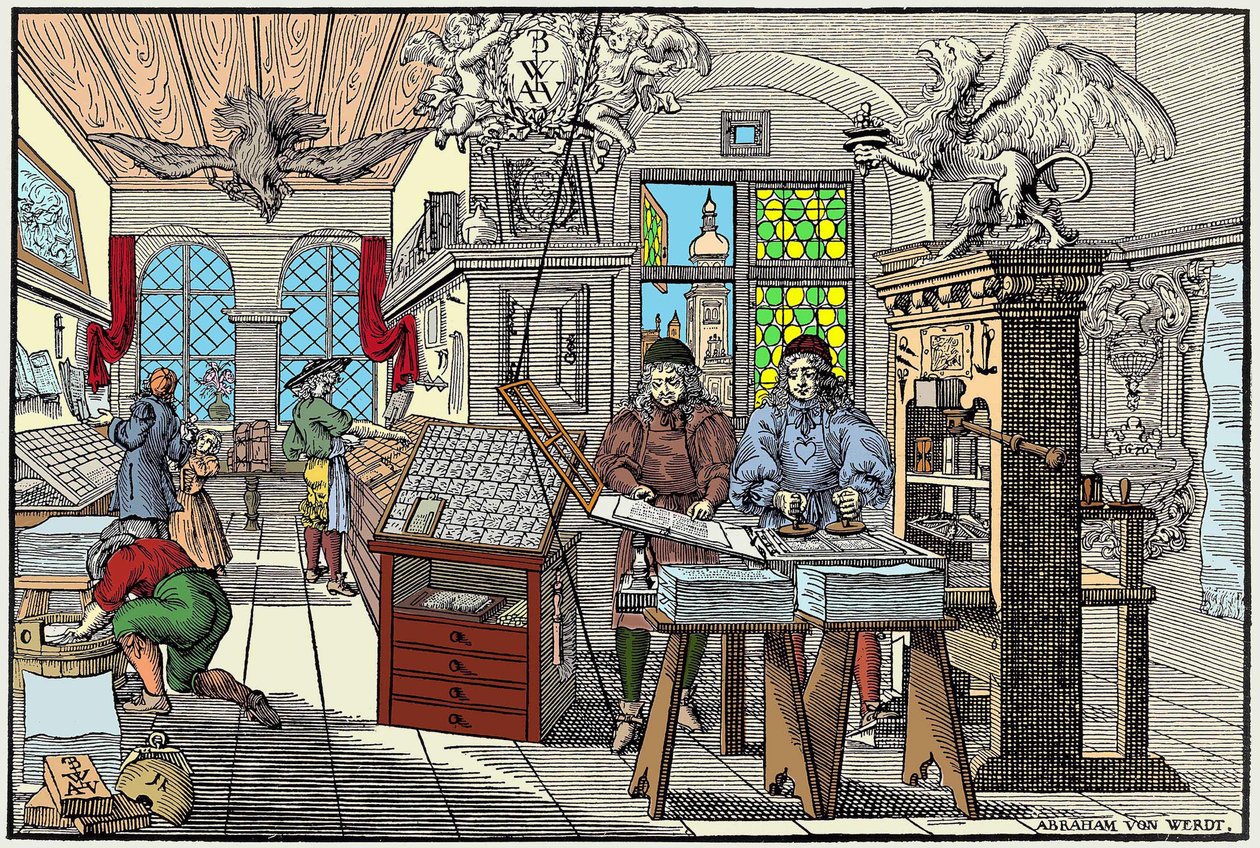 Interno di una fabbrica di stampa a Norimberga, Germania: lavoratori al lavoro, inizio XVII secolo - incisione di Abraham van Werdt da Abraham van Werdt