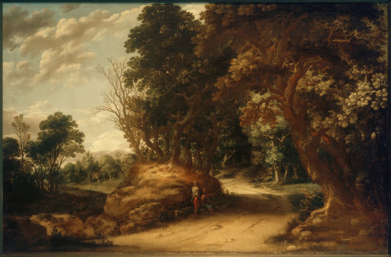Paesaggio boscoso con viandanti in sosta da Abraham van den Rande