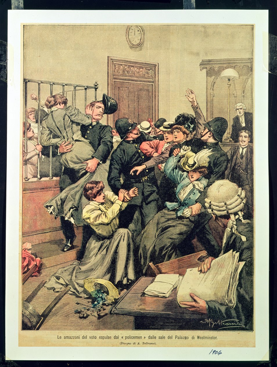 Poliziotti che espellono le suffragette da una stanza del Palazzo di Westminster, 1906 da Achille Beltrame