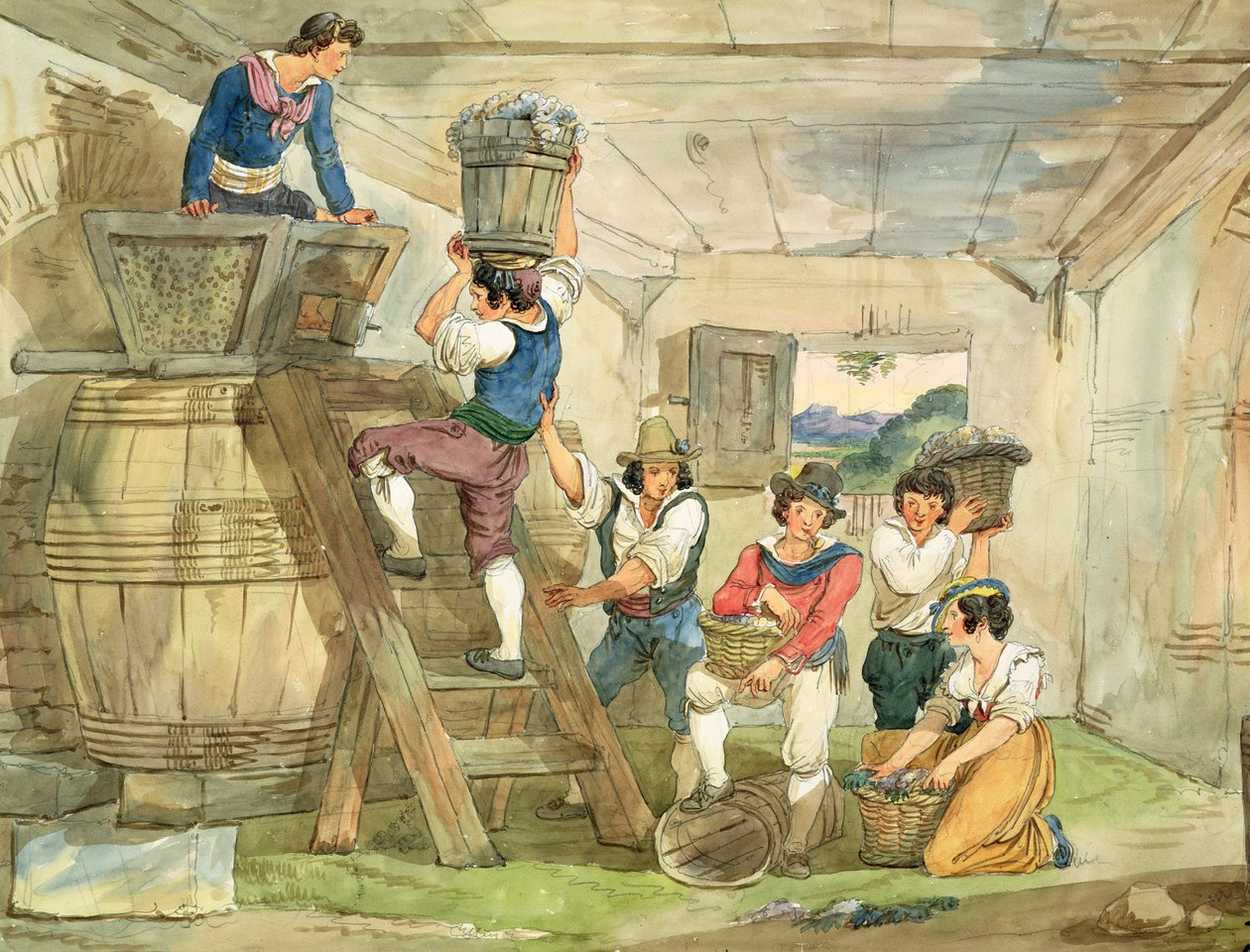 Vendemmiatori che portano l