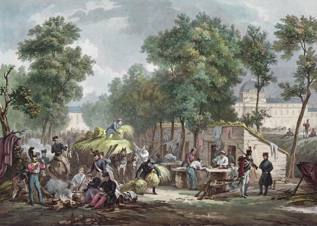 Soldati prussiani accampati nei Champs de Mars, Parigi nel 1871, inciso da Jazet da Achille Louis Martinet