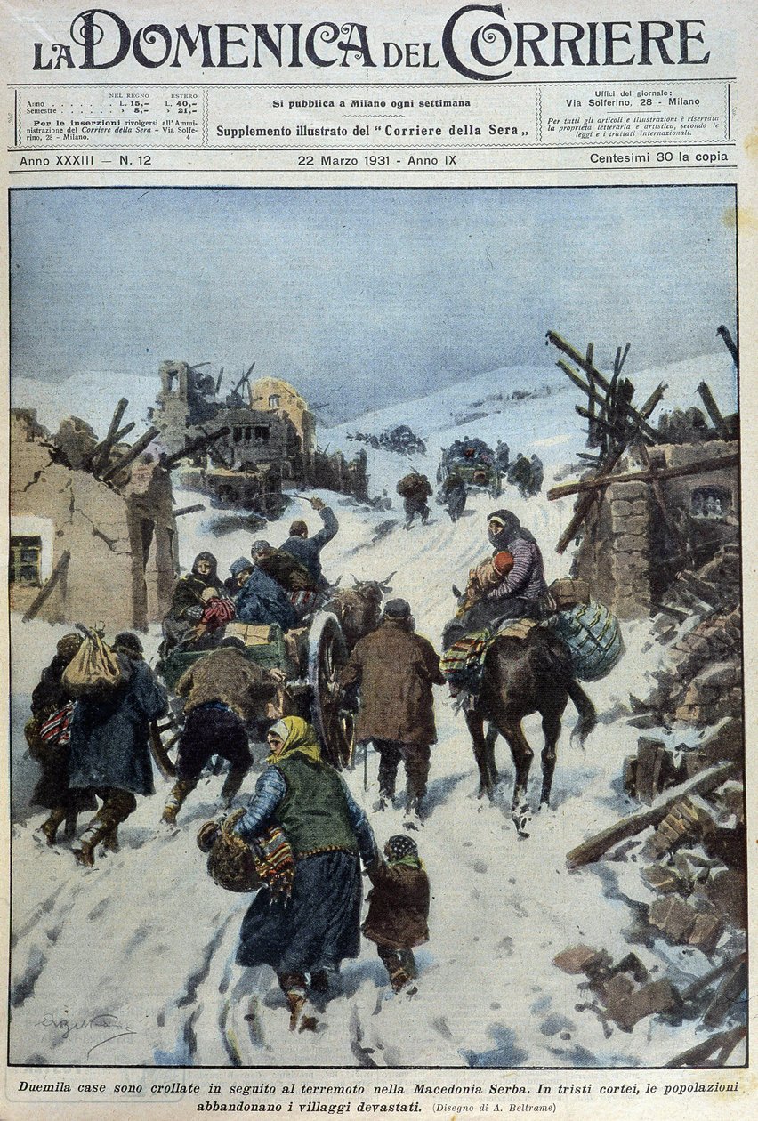 2000 case crollate a seguito del terremoto in Macedonia serba: il triste esodo della popolazione che abbandona i villaggi devastati - disegno di A. Beltrame in "la Domenica del Corriere" del 22/03/1931 da Achille Beltrame