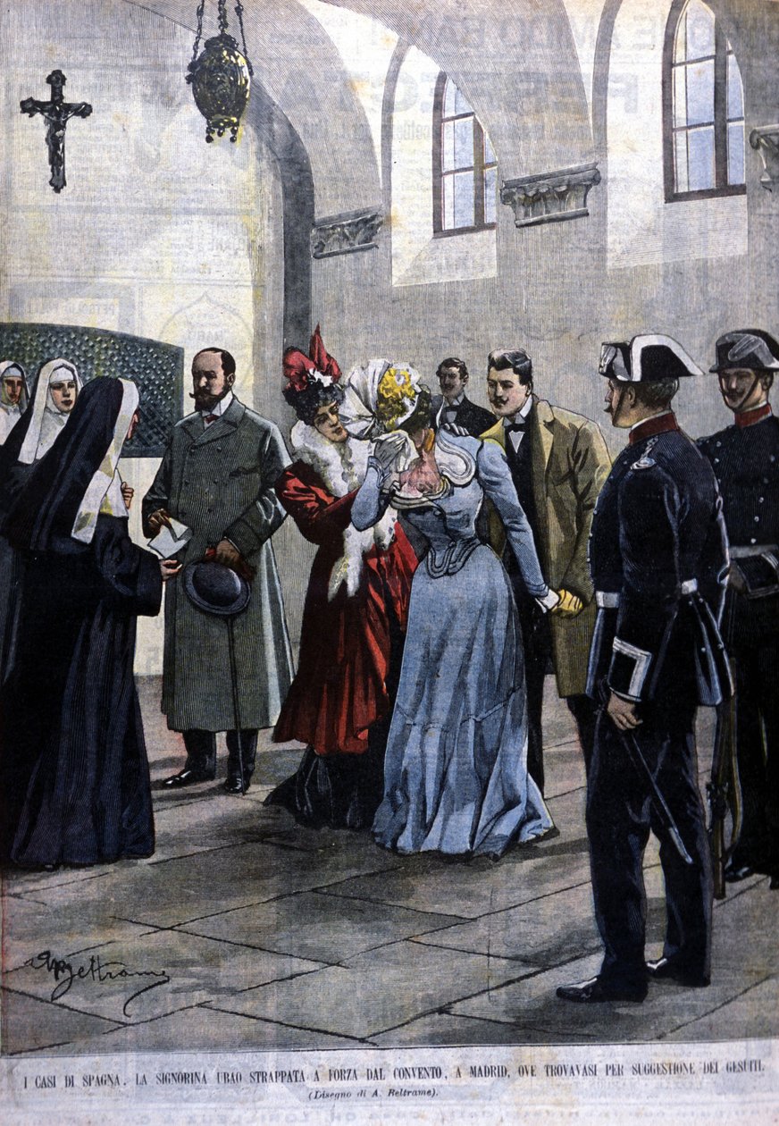 A Madrid, una giovane donna, Mademoiselle Ubao, viene strappata alla vita religiosa in un convento dove si trovava per suggerimento dei Gesuiti. Illustrazione di Beltrame. La Domenica del Corriere. 1901 da Achille Beltrame