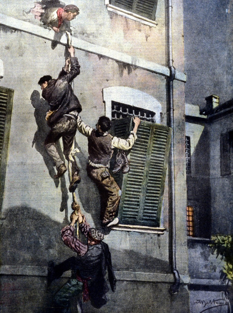 Una fuga audace di quattro detenuti dalla prigione di Asti dopo aver sfondato il muro. Disegno di Beltrame. La Domenica del Corriere. 1902 da Achille Beltrame