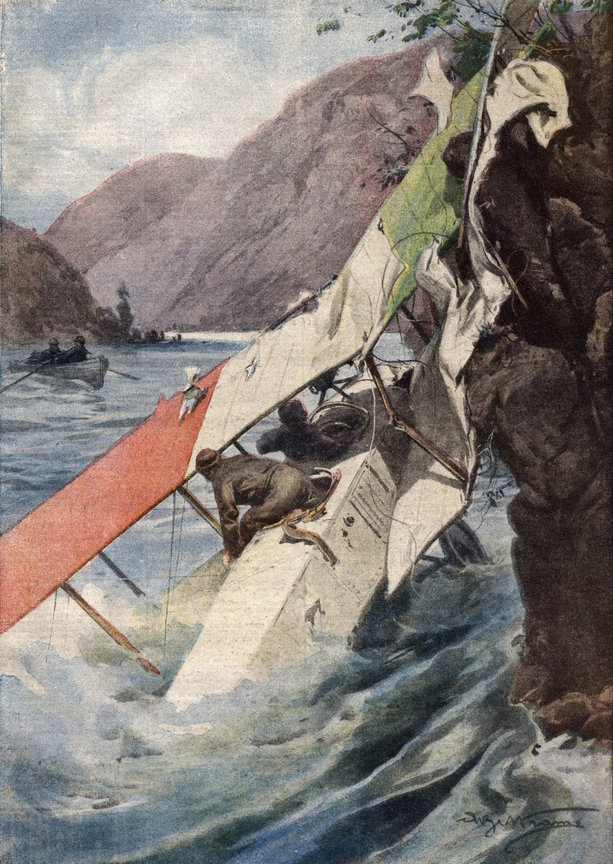 Un volo di ricognizione drammatico: dopo un combattimento, senza motore né elica, due aviatori riuscirono sorprendentemente a raggiungere le linee italiane e caddero nel fiume Isonzo. Ill. di Beltrame. La Domenica del Corriere. 10/1917 da Achille Beltrame