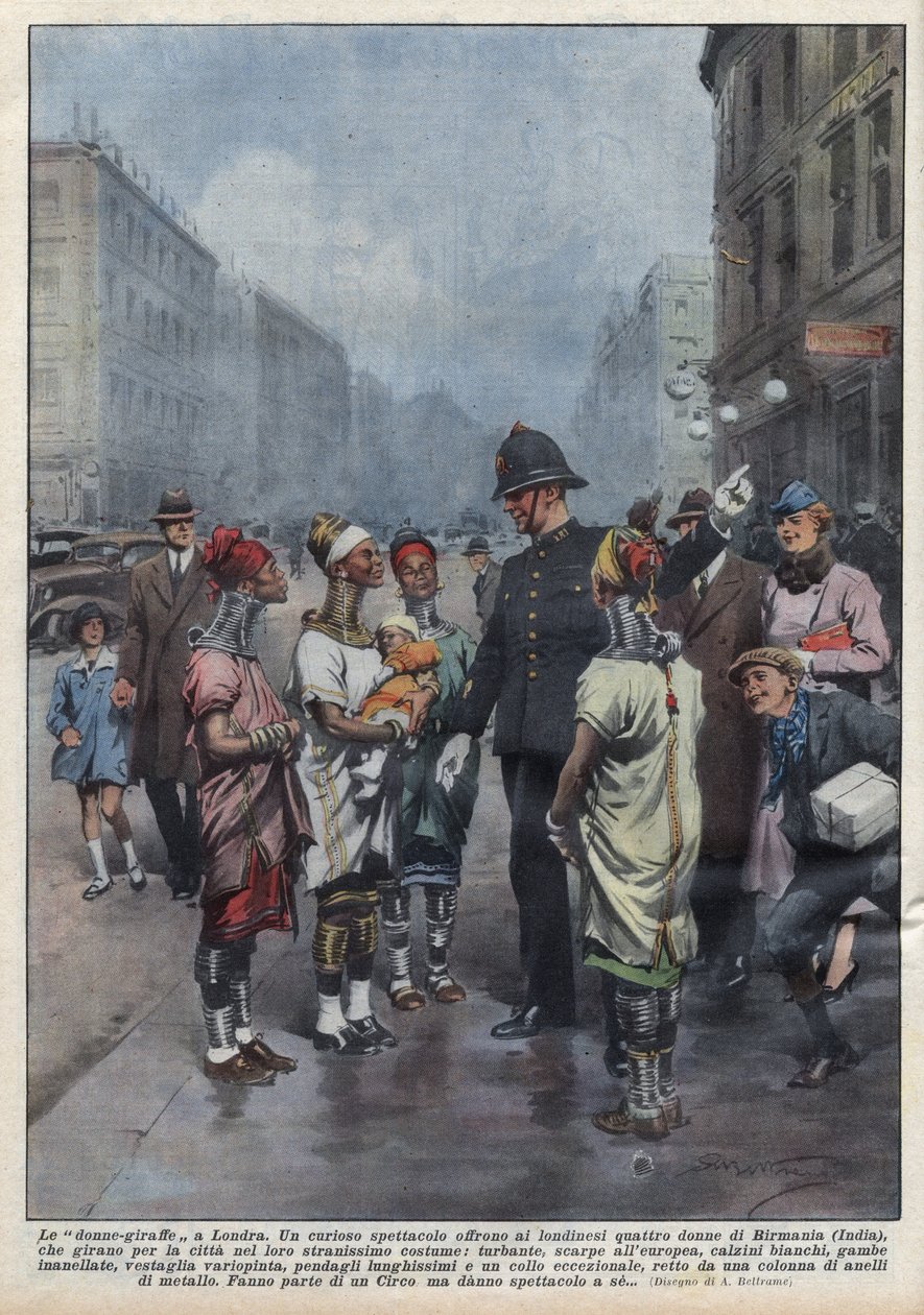 Un gruppo di donne-giraffa della Birmania chiedono indicazioni a un poliziotto inglese a Londra, sono vestite con turbante, tunica, anelli intorno al collo e alle gambe. Illustrazione di Achille Beltrame in 