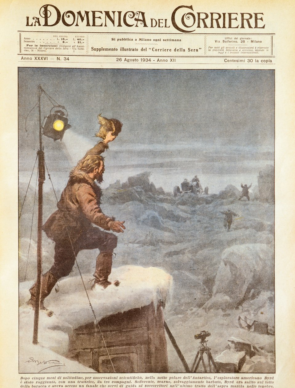 Esploratore americano, Richard E Byrd, raggiunto dai compagni in Antartide dopo essere stato solo per cinque mesi, di Achille Beltrame, illustrazione, Illustratore Achille Beltrame (1871-1945), da La Domenica del Corriere, 26 agosto 1934 da Achille Beltrame