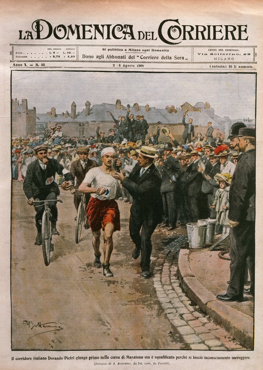 Arrivo di Dorando Pietri nella maratona, Olimpiadi di Londra, illustrazione da La Domenica del Corriere da Achille Beltrame