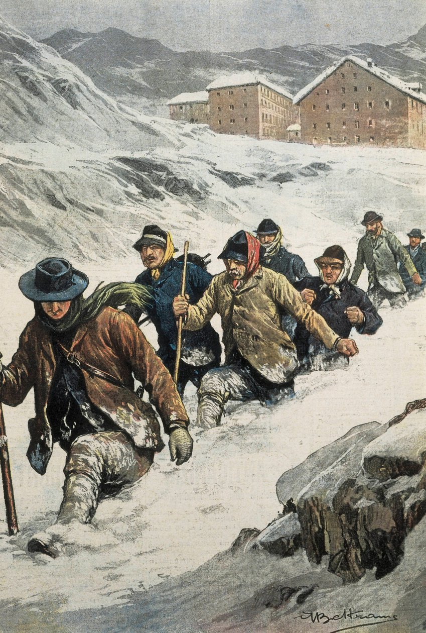 Lavoratori italiani attraversano il Passo del Gran San Bernardo tra Aosta e Svizzera. Copertina di “La Domenica del Corriere”. 14/02/1904. Litografia. da Achille Beltrame
