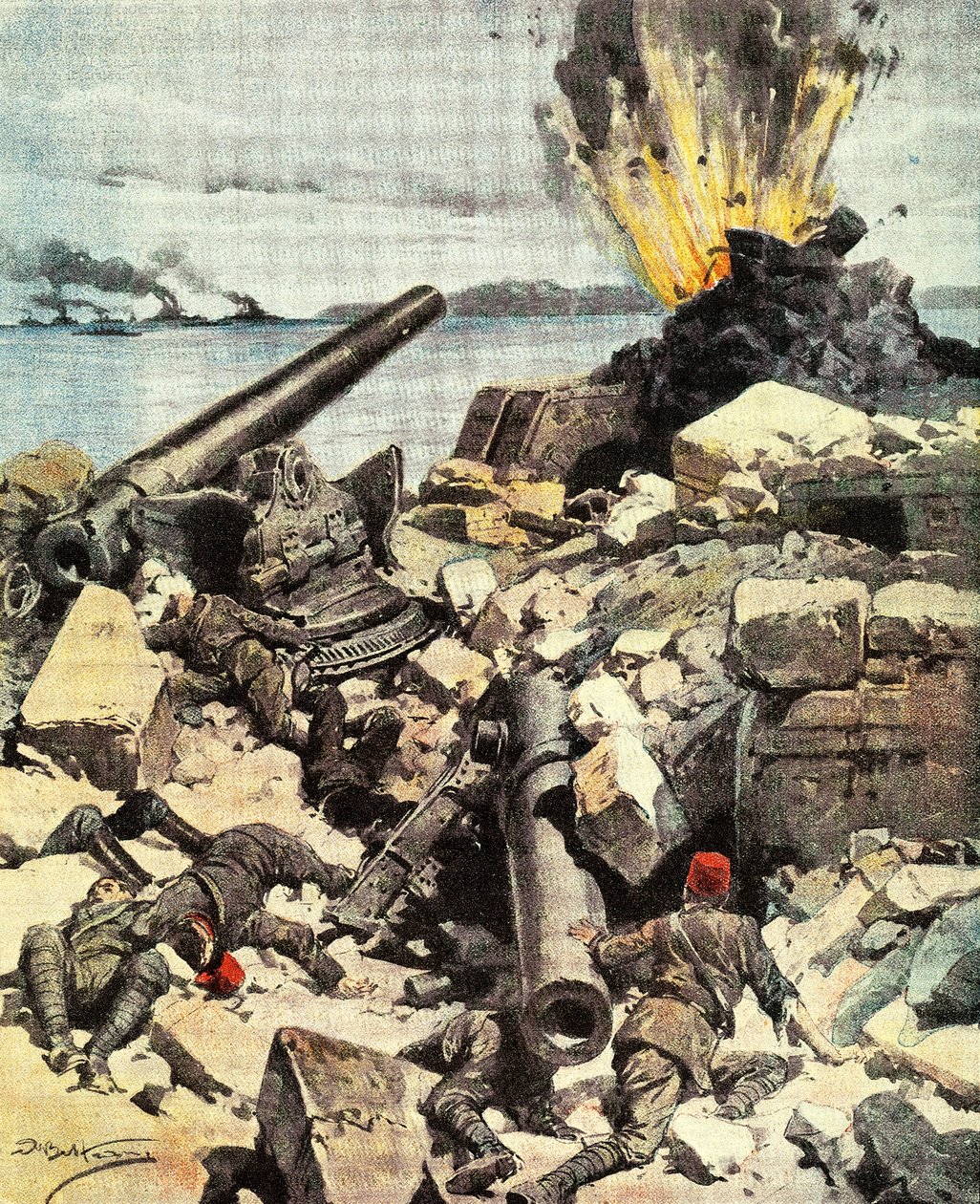 Battaglia dei Dardanelli, la flotta anglo-francese distrugge i forti dei Dardanelli per aprire lo stretto e arrivare a Costantinopoli, illustrazione da La Domenica del Corriere, 14-21 marzo da Achille Beltrame