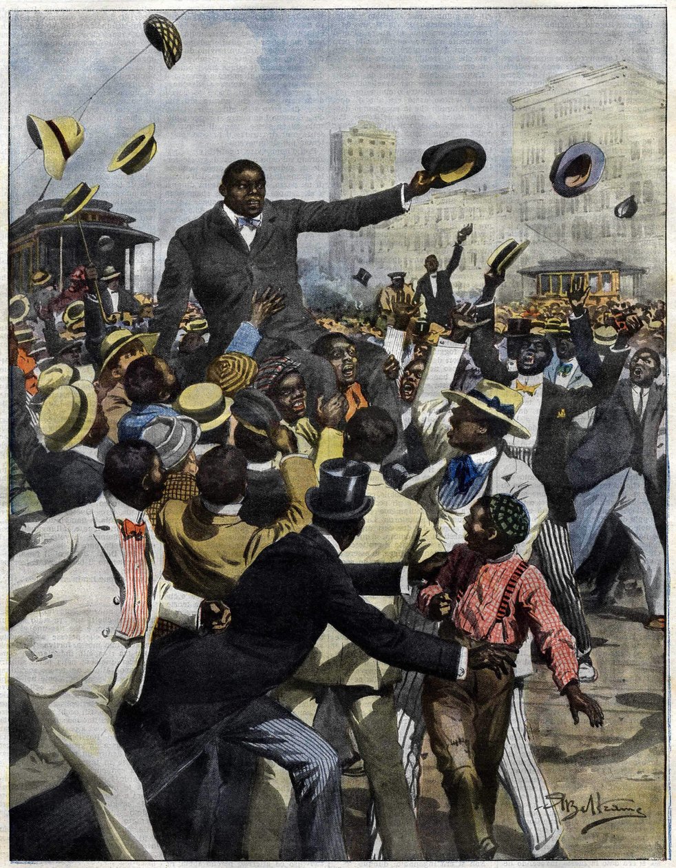 Il pugile Jack Johnson arrivato a Chicago nel 1910. Illustrazione di Achille Beltrame per La Domenica del Corriere da Achille Beltrame