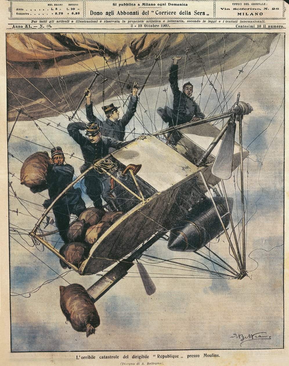 Catastrofe del dirigibile Republique vicino a Moulins, Francia, illustrazione di Achille Beltrame da La Domenica del Corriere, 3-10 ottobre da Achille Beltrame