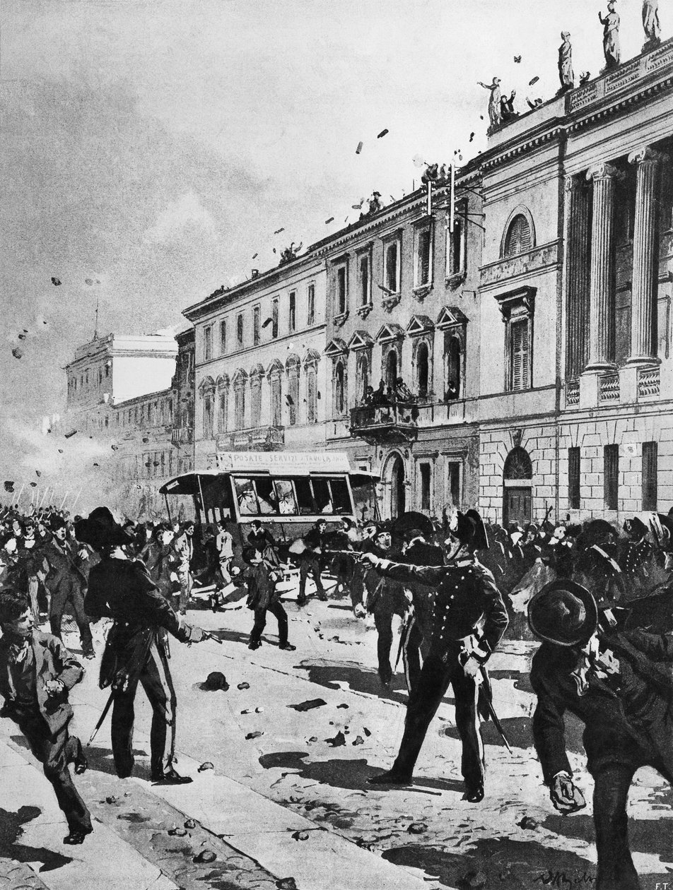 Scontro tra manifestanti e polizia a Milano, Corso Venezia, davanti a Palazzo Saporiti, 7 maggio da Achille Beltrame