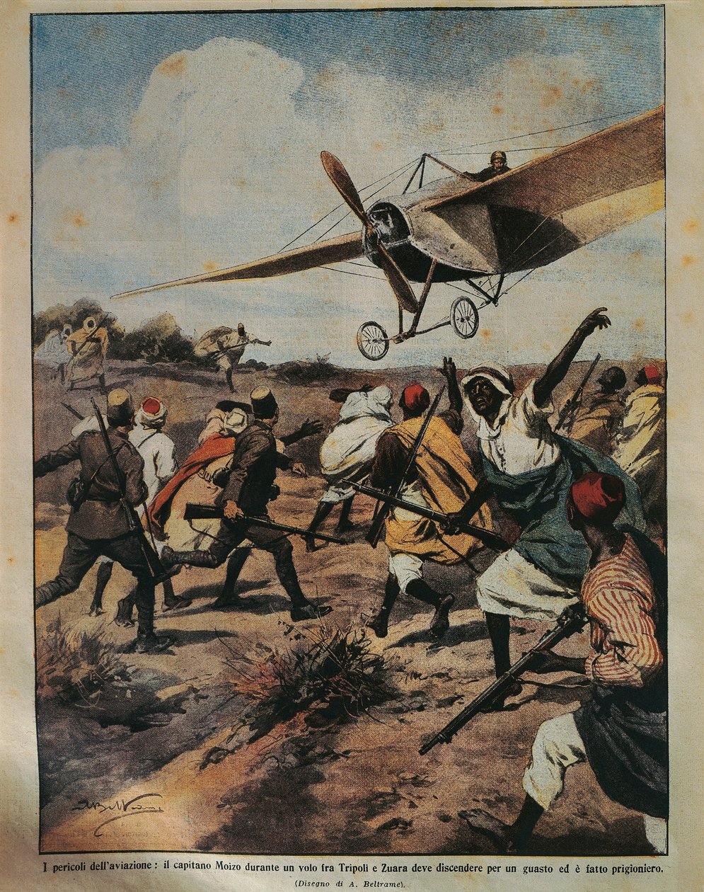 Illustrazione di copertina del Capitano Moizo che tenta un atterraggio di emergenza durante la Campagna Africana, di Achille Beltrame, da La Domenica del Corriere, 22 settembre 1912 da Achille Beltrame