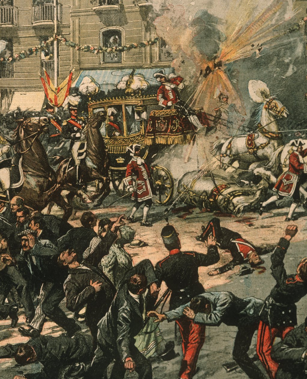 Illustrazione di copertina del tentativo di assassinio del Re Alfonso XIII nel giorno del suo matrimonio, 31 maggio 1906, Madrid, Spagna da Achille Beltrame