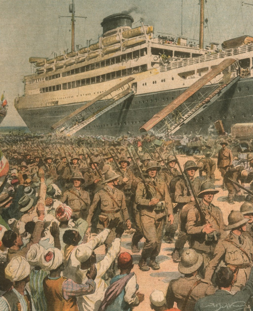 Illustrazione di copertina dello sbarco delle truppe italiane in Africa Orientale da Achille Beltrame