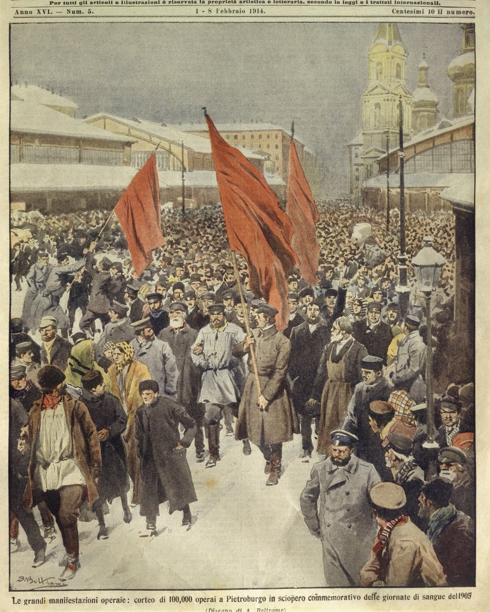 Illustrazione di copertina di centomila lavoratori che marciano per commemorare la Domenica di Sangue del 1905; San Pietroburgo, Russia da Achille Beltrame