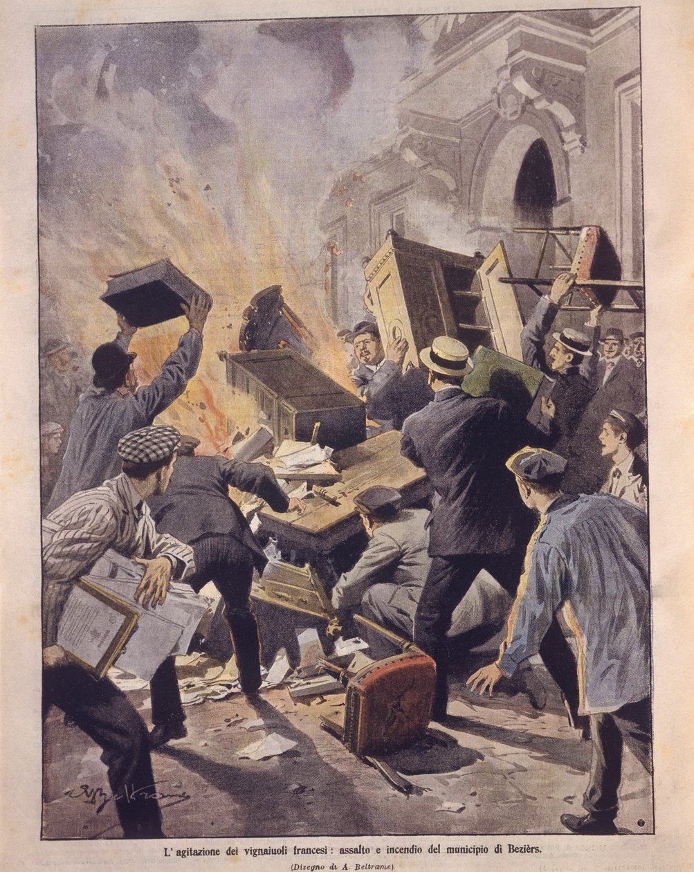 Illustrazione di copertina dei viticoltori che incendiano il Municipio di Beziers durante le rivolte in Francia da Achille Beltrame