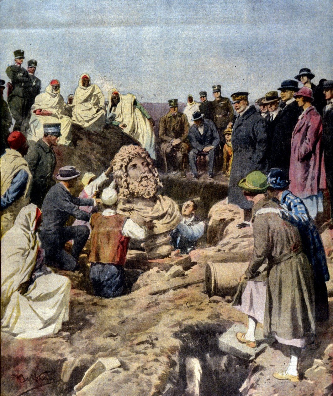 Scoperta di un busto di Giove a Sabratha in Libia nel 1925. illustrazione di Achille Beltrame da Achille Beltrame