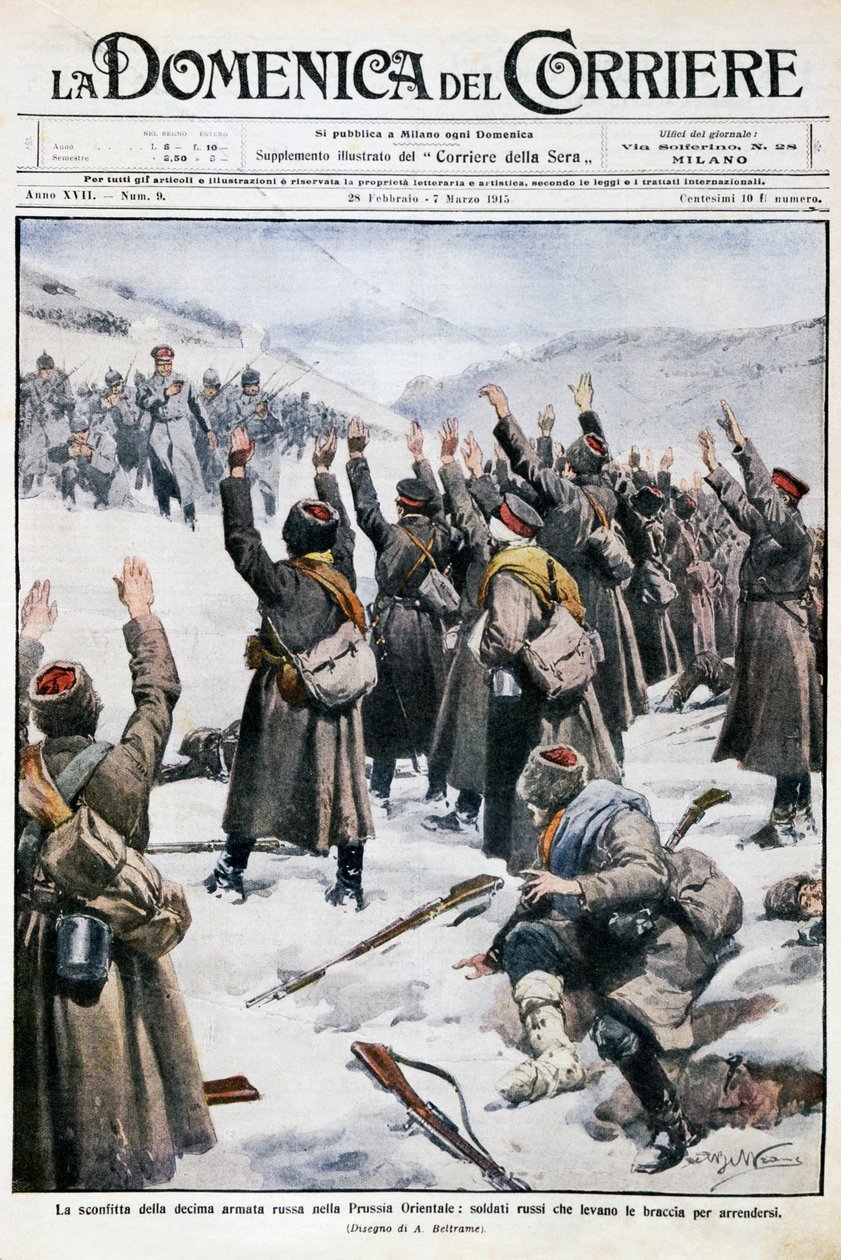 Sconfitta della decima armata russa in Prussia orientale: soldati russi che alzano le braccia in segno di resa, tavola di Achille Beltrame da La Domenica del Corriere, 28 febbraio-7 marzo 1915 da Achille Beltrame