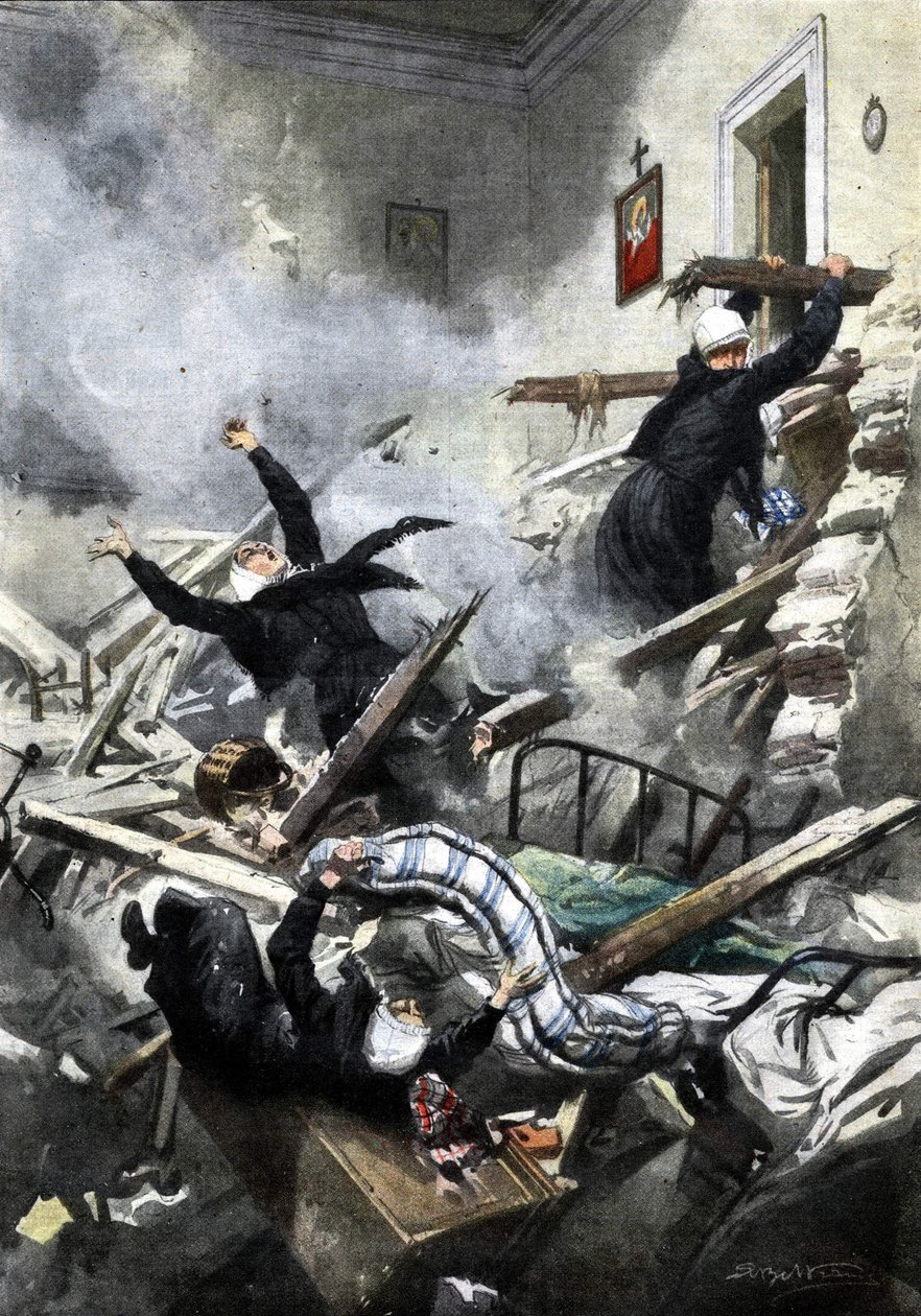 Disastro in un edificio a Genova: buone sorelle scomparse nel crollo di due appartamenti. Illustrazione di Beltrame. "La Domenica del Corriere". 04/1914 da Achille Beltrame