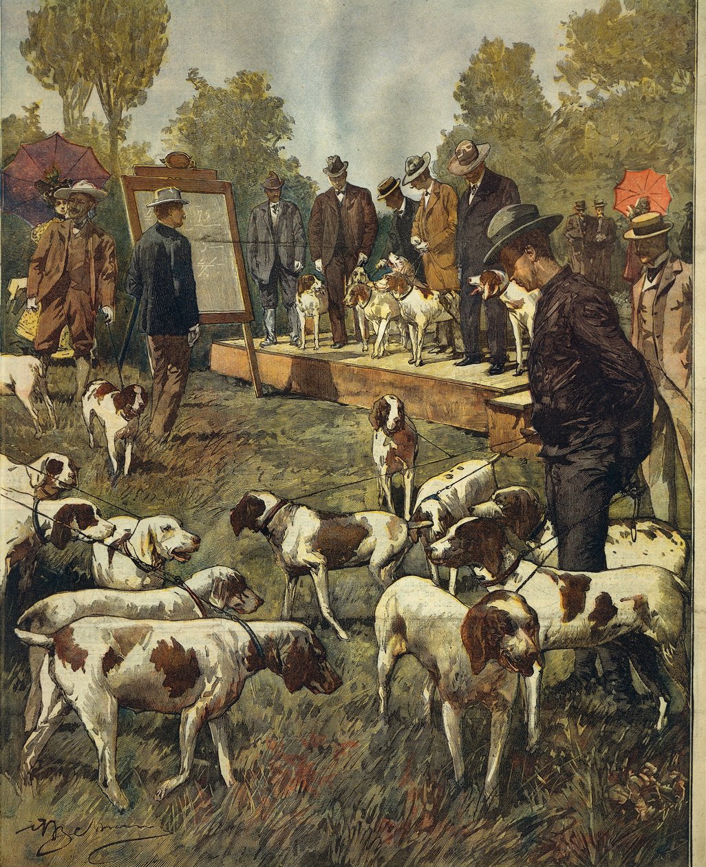 Esposizione canina e prove sul campo di cani da caccia a San Siro (Milano), di Achille Beltrame (1871-1945), da La Domenica del Corriere, 2 luglio 1899 da Achille Beltrame