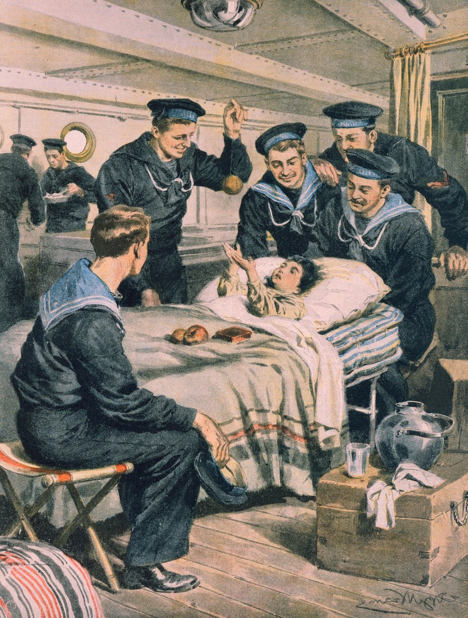 Terremoto a Messina, bambino salvato dalla marina dalle rovine e trasportato da una nave, illustrazione di Achille Beltrame, da La Domenica del Corriere, 28 dicembre 1908 da Achille Beltrame