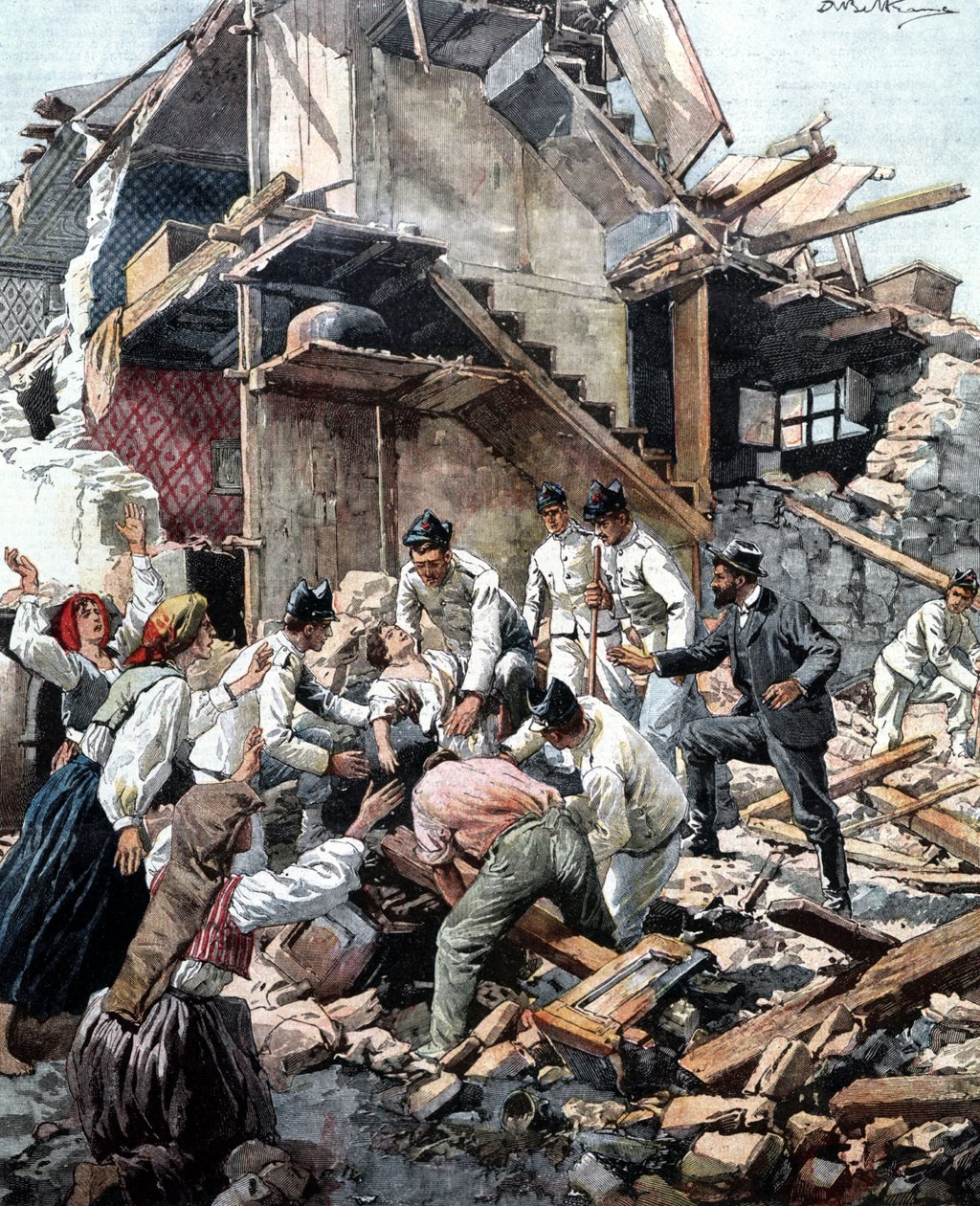 Terremoto a Reggio (Calabria) il 28/12/1908. I soldati cercano tra le macerie le vittime del terremoto. Illustrazione di Beltrame da Achille Beltrame