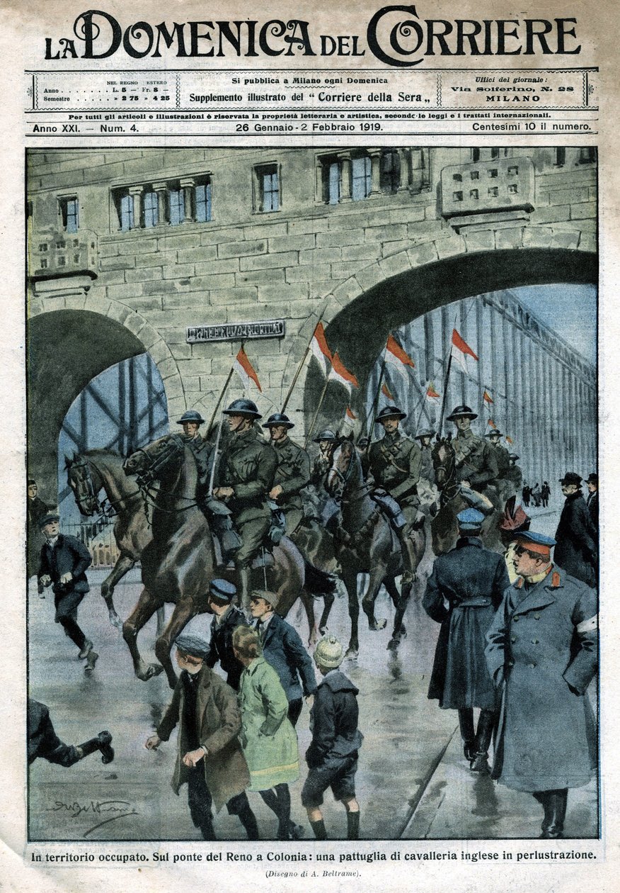 Presenza inglese in Germania: truppe militari su un ponte del Reno a Colonia. Illustrazione di Beltrame. La Domenica del Corriere. 01/1919 da Achille Beltrame