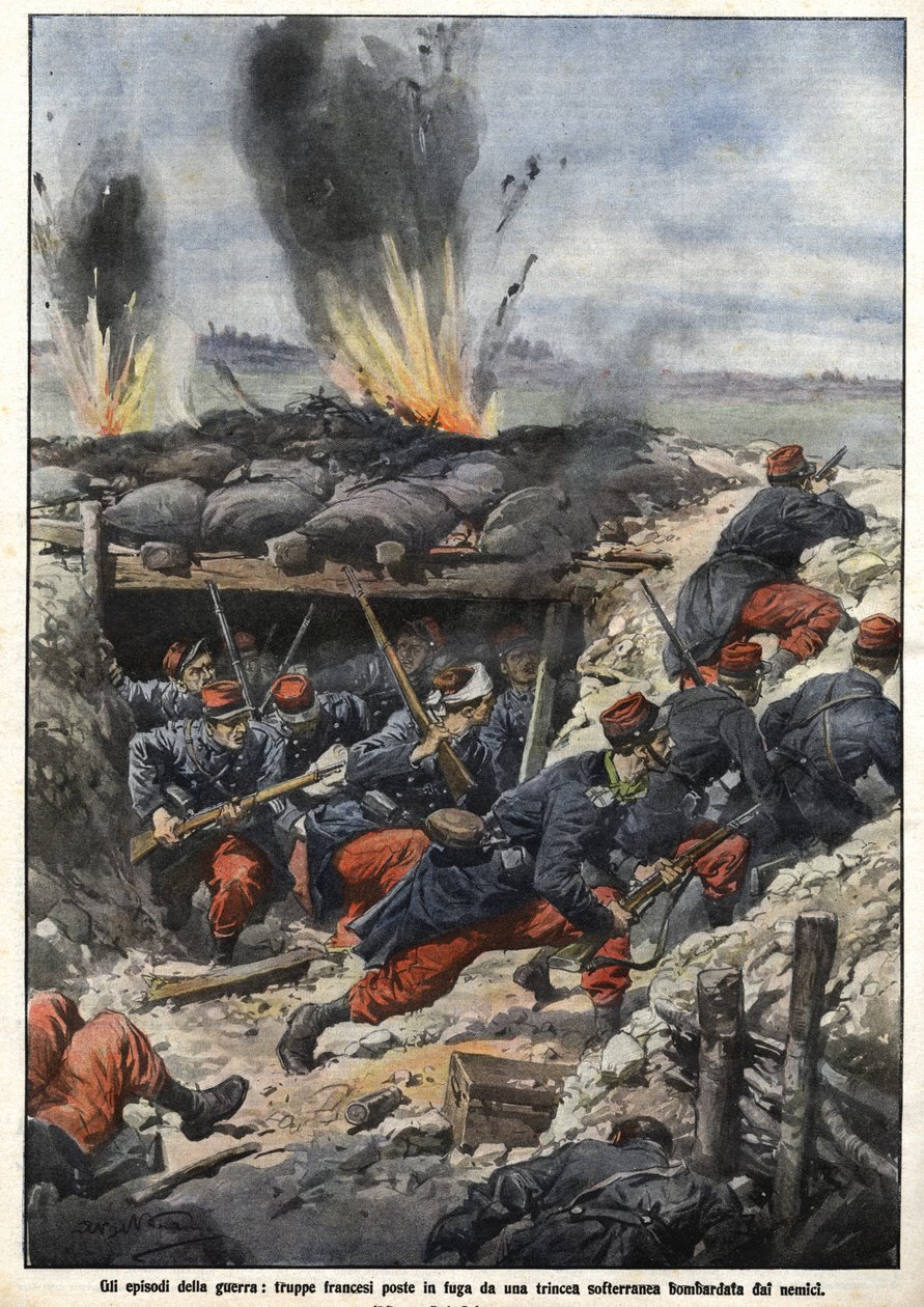 Episodio della Guerra del 1914: truppe francesi nelle trincee bombardate dai nemici. "La Domenica del Corriere" da Achille Beltrame