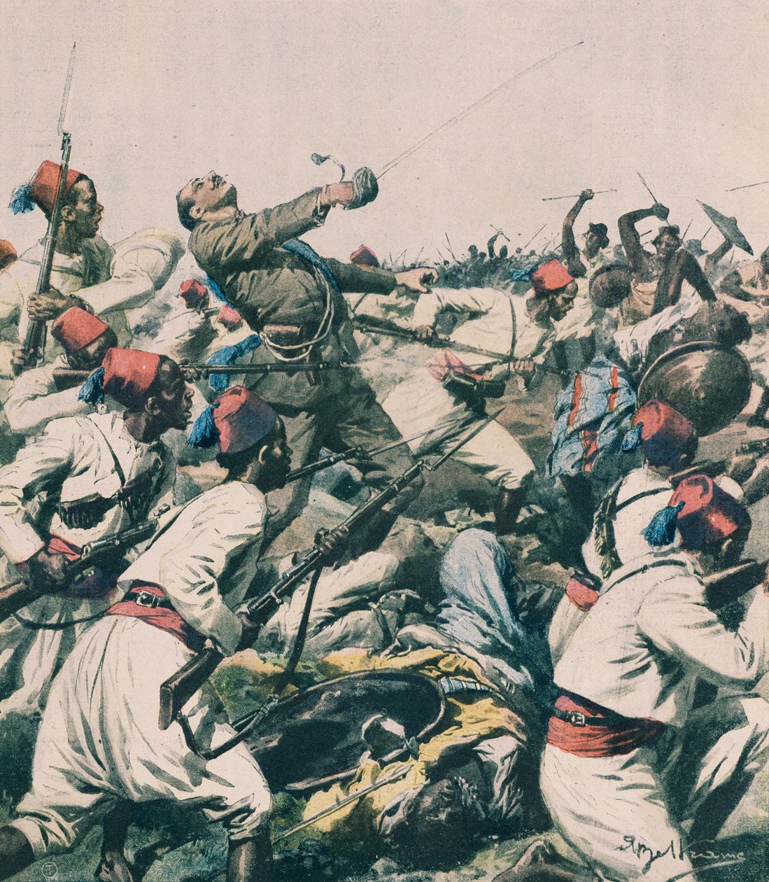 Attacco etiope alla guarnigione di Lugh e uccisione del Capitano Bongiovanni, di Achille Beltrame, illustrazione, Achille Beltrame (1871-1945), da La Domenica del Corriere da Achille Beltrame