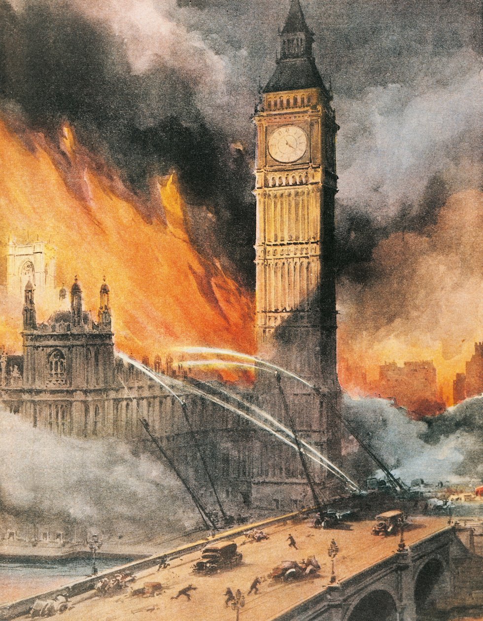 Incendio al Palazzo di Westminster, Londra, dopo il bombardamento tedesco, illustrazione da 