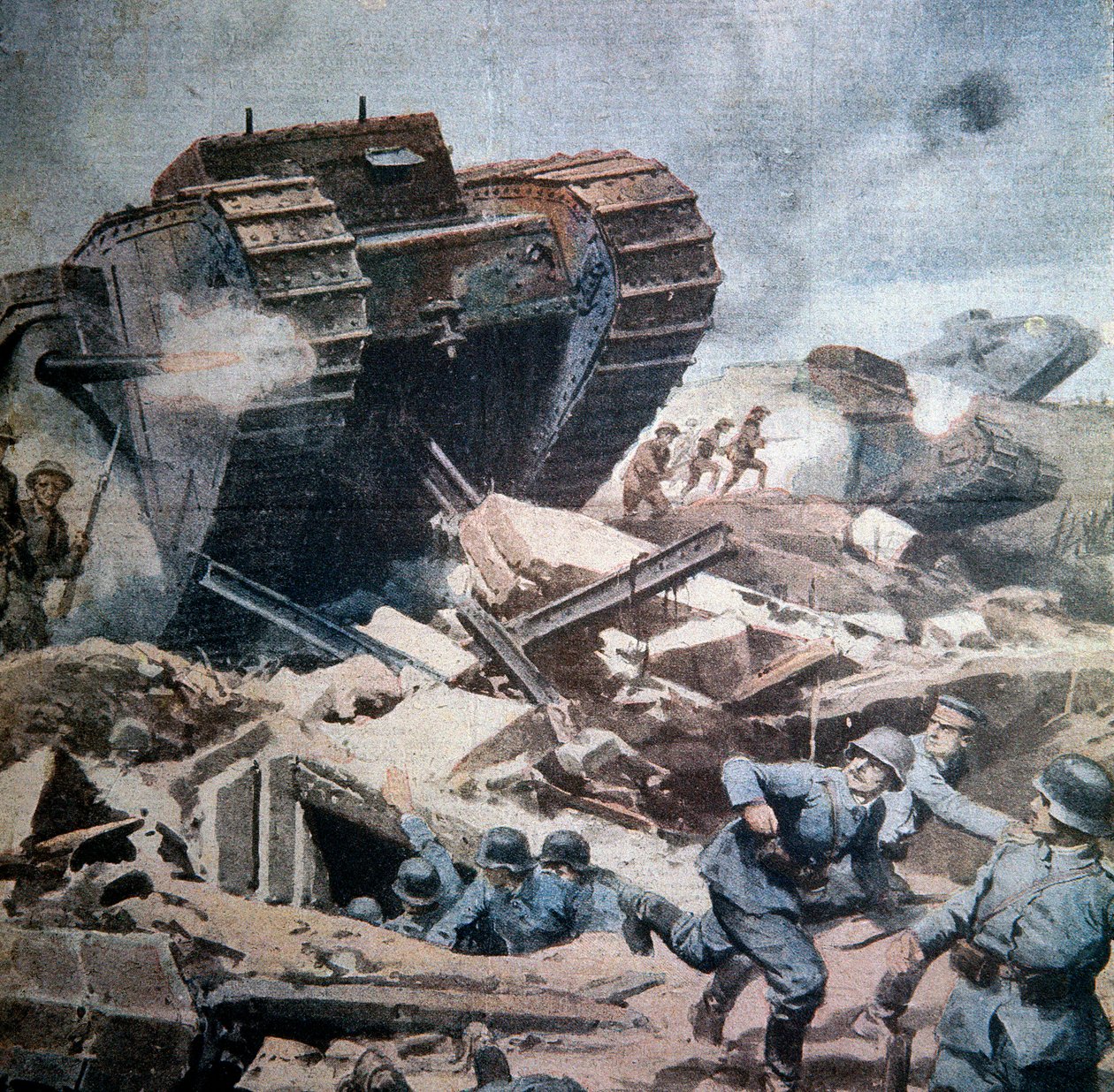 Prima Guerra Mondiale (1914-1918): "Assalti dei carri armati inglesi in Piccardia" Illustrazione di Achille Beltrame da La Domenica del Corriere 1916 da Achille Beltrame
