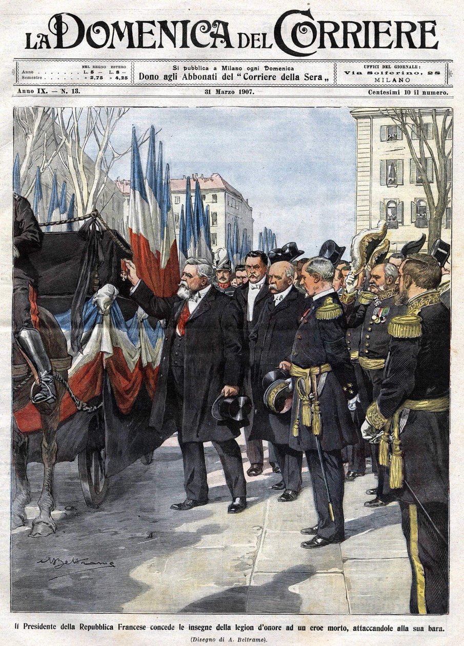 Il presidente francese Armand Fallières presenta la medaglia della Legion d