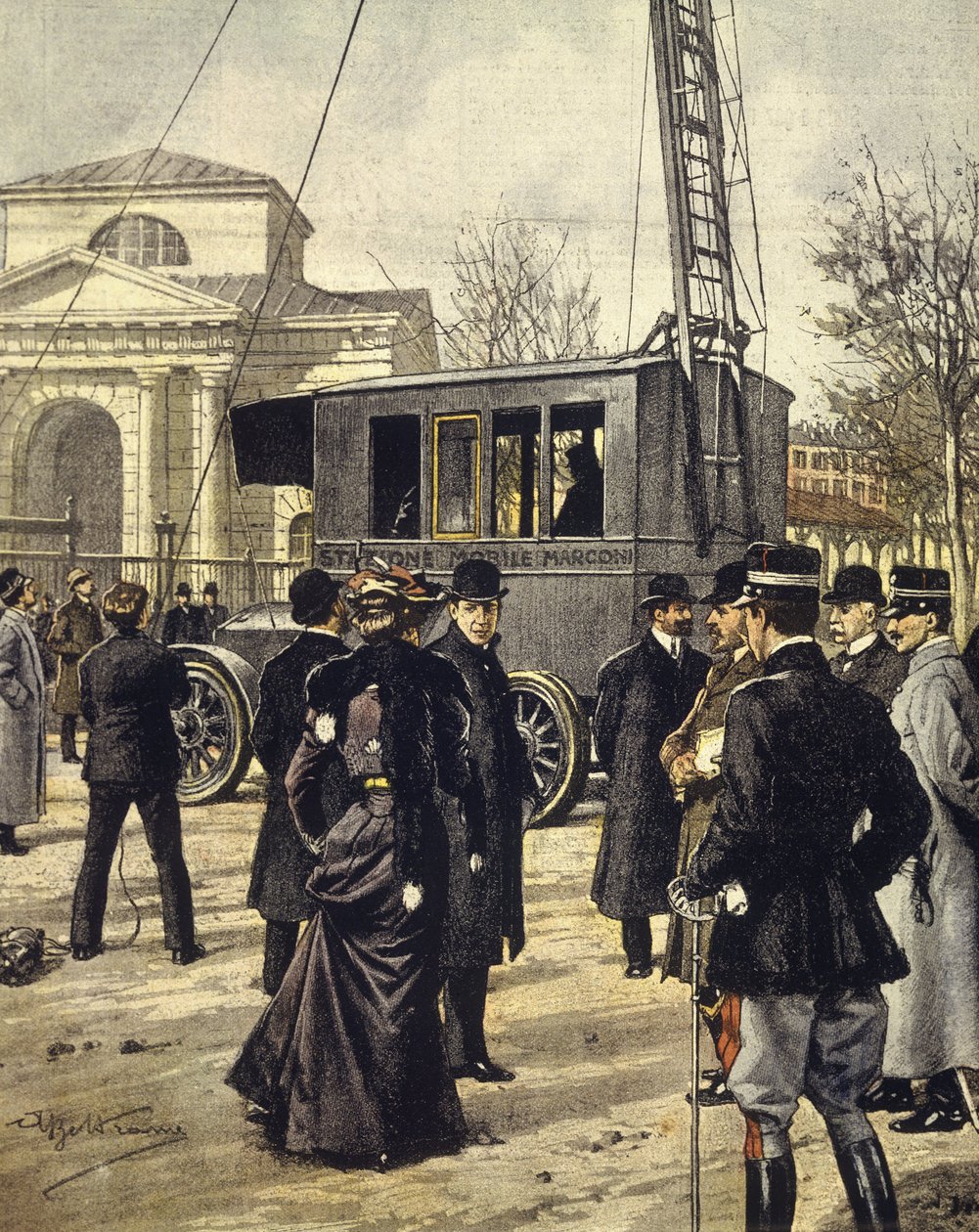 Il fisico italiano Guglielmo Marconi assiste agli esperimenti con la prima stazione radio mobile a Milano, 30 dicembre da Achille Beltrame