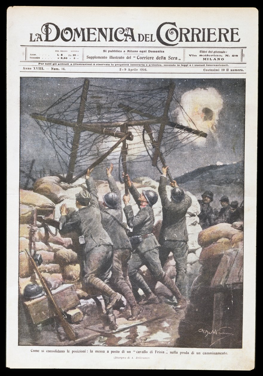 Soldati italiani che mettono cavallo frisone sulla trincea, tavola di Achille Beltrame per Domenica del Corriere, 2-9 aprile 1916, Prima Guerra Mondiale, Italia, XX secolo da Achille Beltrame