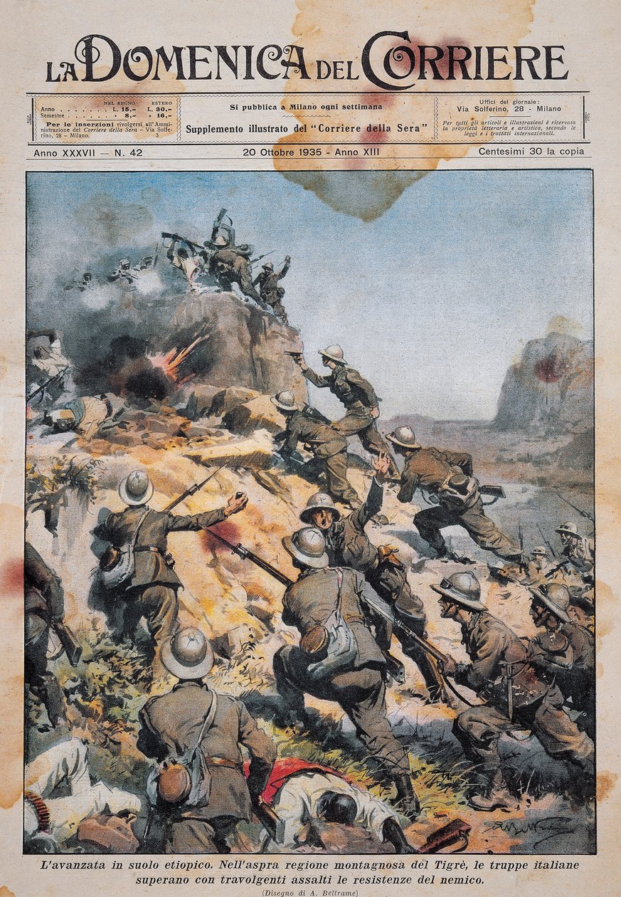 Truppe italiane avanzano sul suolo etiope, illustrazione da La Domenica del Corriere, 20 ottobre da Achille Beltrame