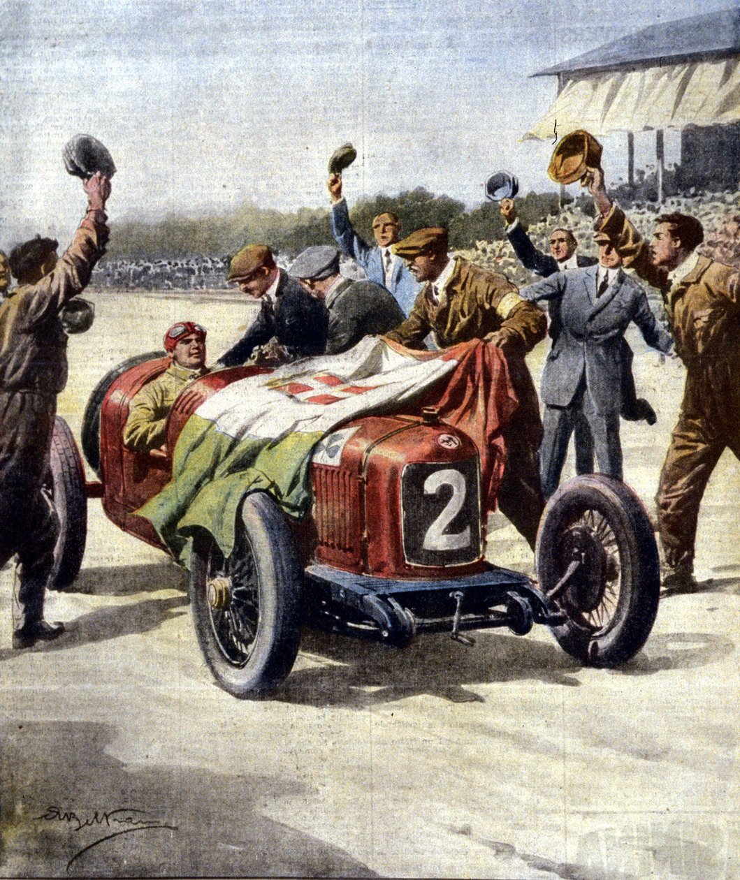 Vittoria italiana al 3° Gran Premio Europeo di Motociclismo: i meccanici di Ascari espongono la bandiera tricolore sull