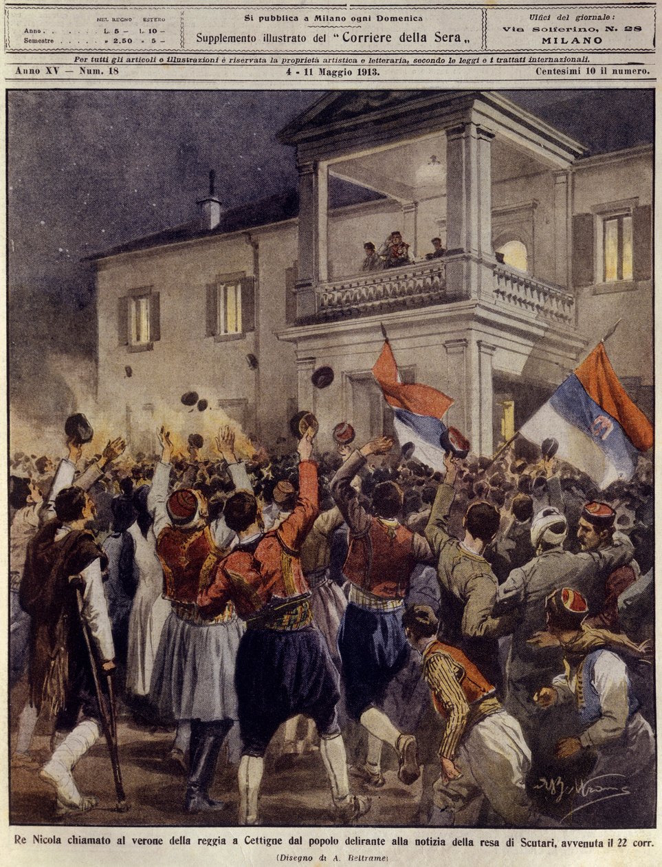Re Nicola I del Montenegro davanti a una folla a Cettigne dopo la resa della città di Scutari, 4 maggio da Achille Beltrame